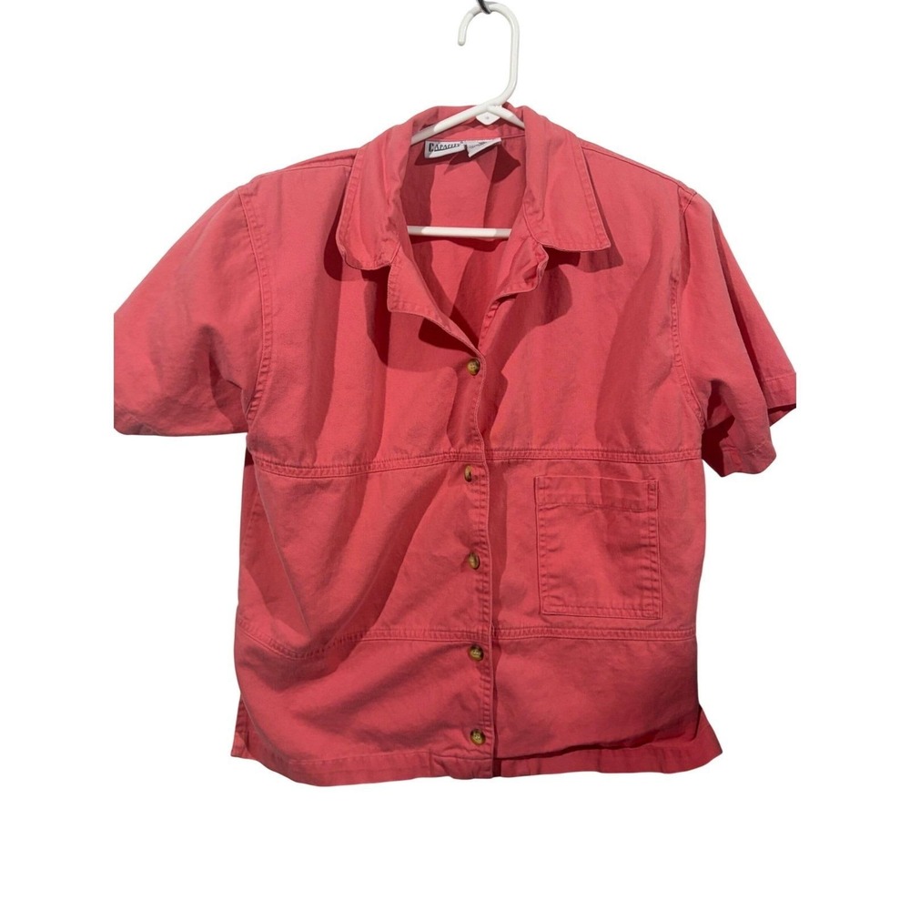 Capacity Vintage Women Short Sleeve Cotton Button‎ Down Shirt Coral Pink Small